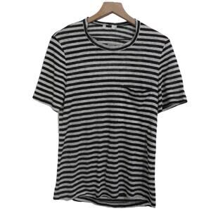 A.L.C. Womens Sz M Black White Striped Linen Short Sleeve Top Keyhole Back